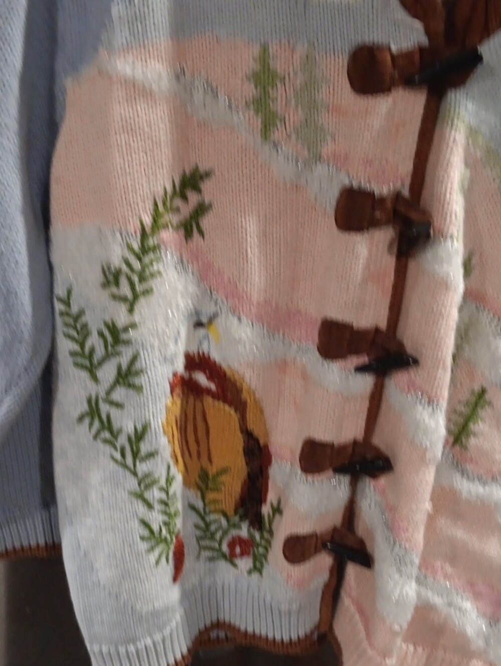 Storybook Knits Light Blue, Brown, Pink Embroidered Bird Shawl-Front Cardigan - Picture 5 of 9